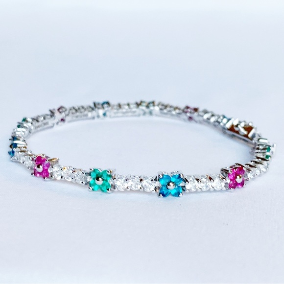FANCY 10K White Gold Plated Pink Green Blue Flowers Crystal Tennis Bracelet - Picture 5 of 10